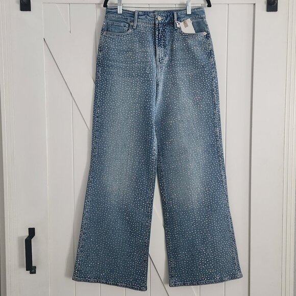 NWT Anthropologie Good American Good Ease High-Rise Rhinestone Wide-Leg Jeans 27 - Picture 5 of 11
